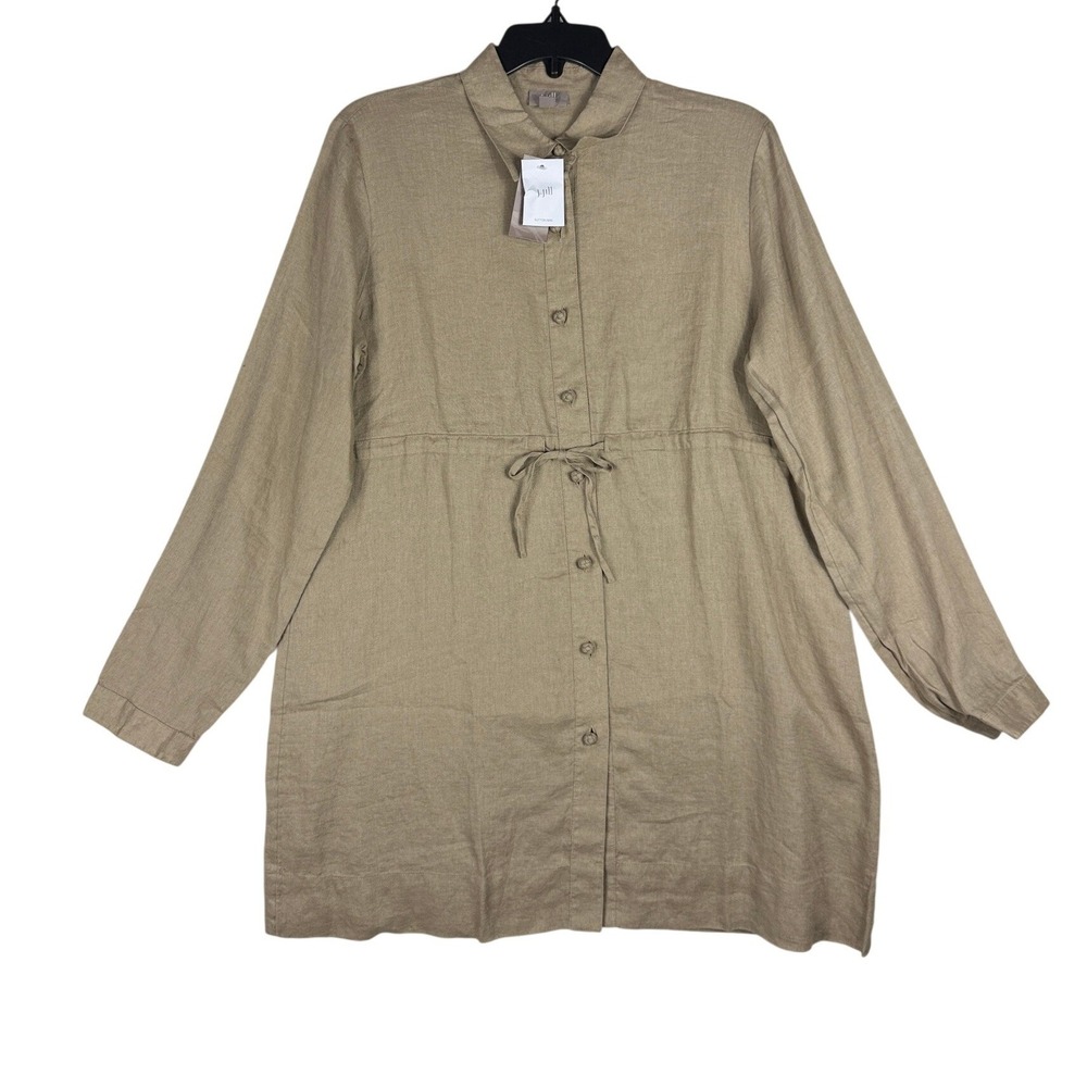 J Jill 100% Linen Shirt Dress Tunic Willow Taupe Tie Waist Long Sleeve NWT